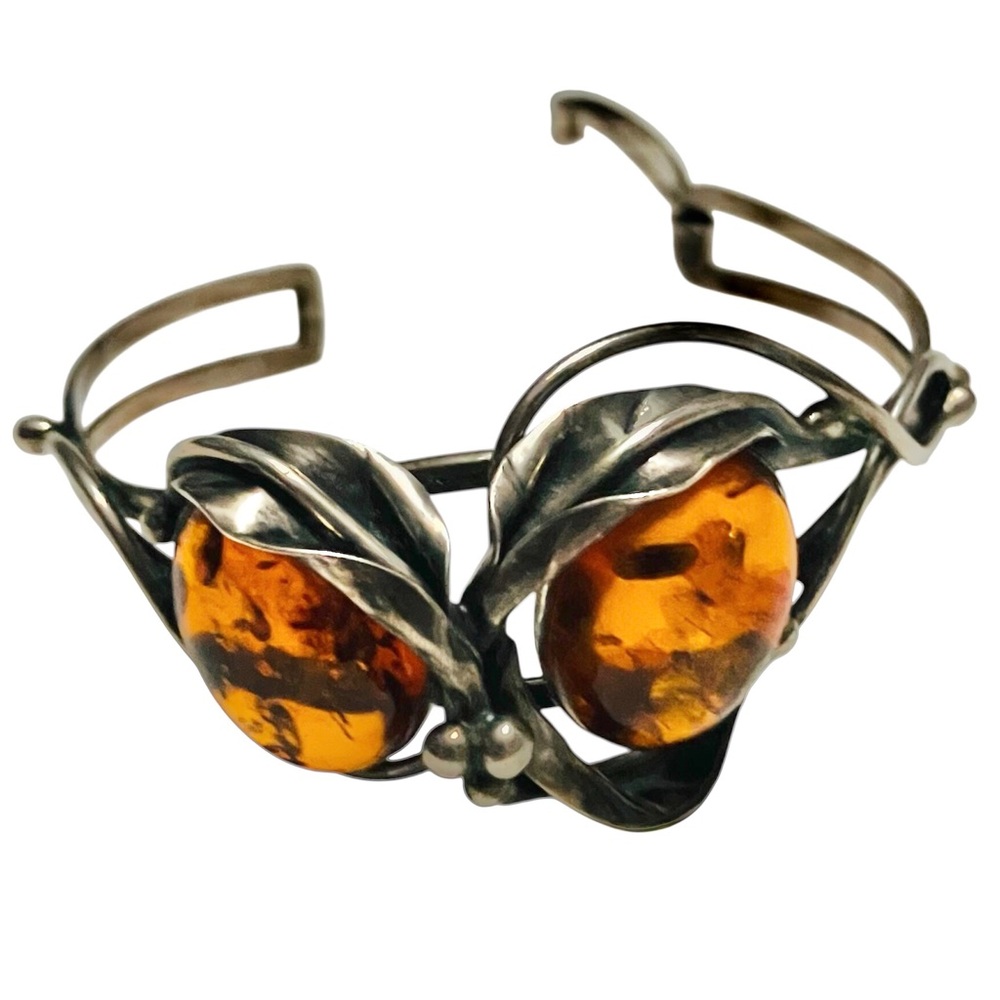 Vintage Genuine Baltic Amber and Sterling Silver Cuff Bracelet